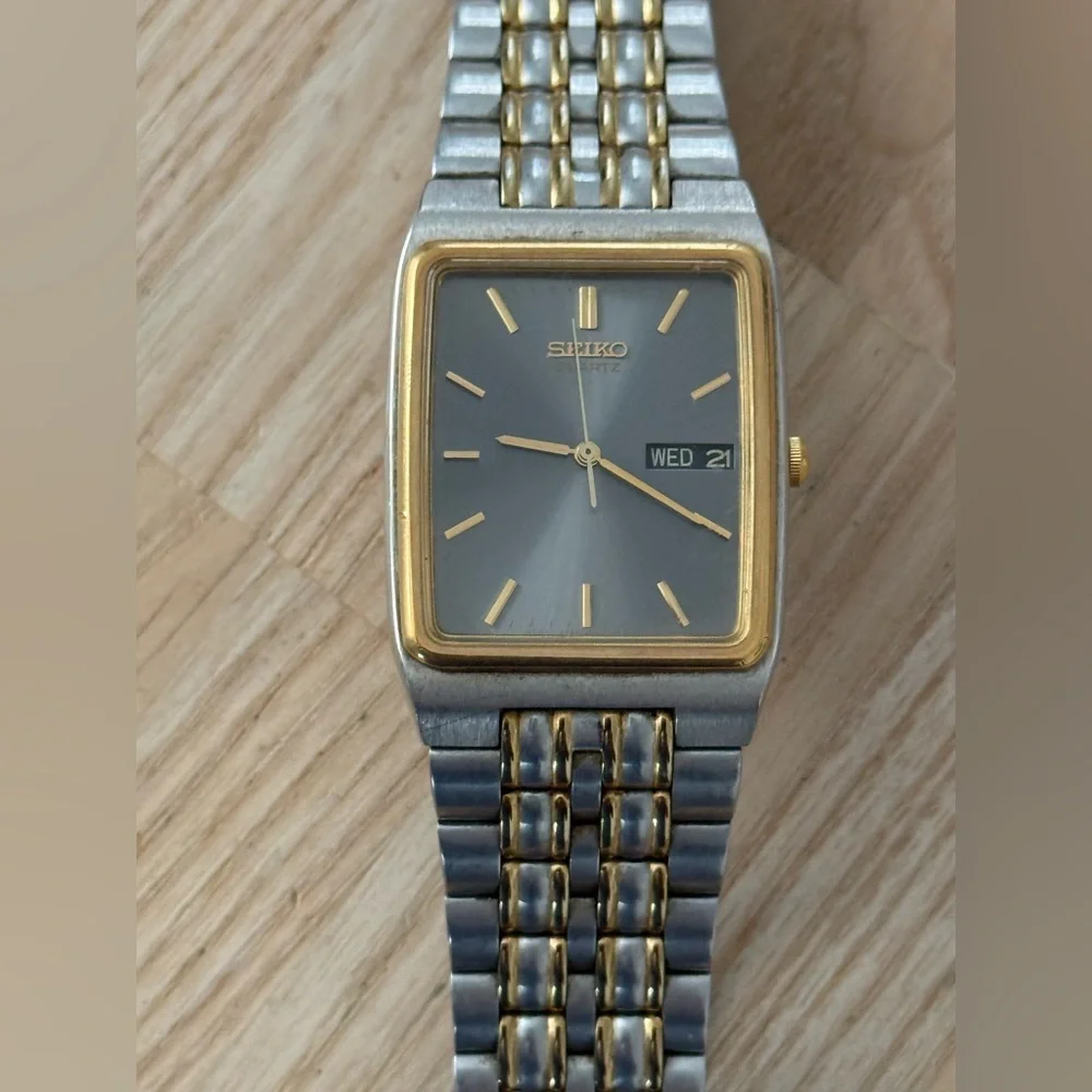 Seiko Rare Vintage Tank Watch Rectangular Gray Dial Two-Tone Case Bracelet Date